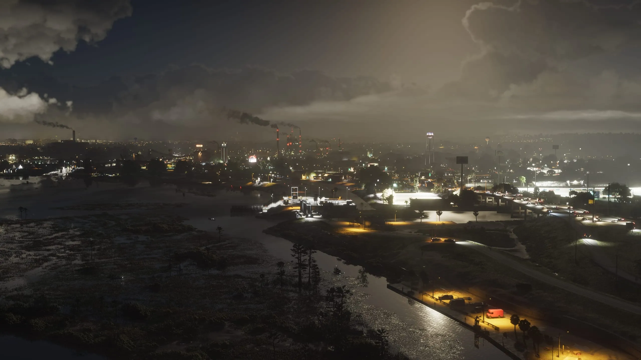 Night over the Ambrosia industrial belt, smokestacks and a lit freeway above dark wetlands