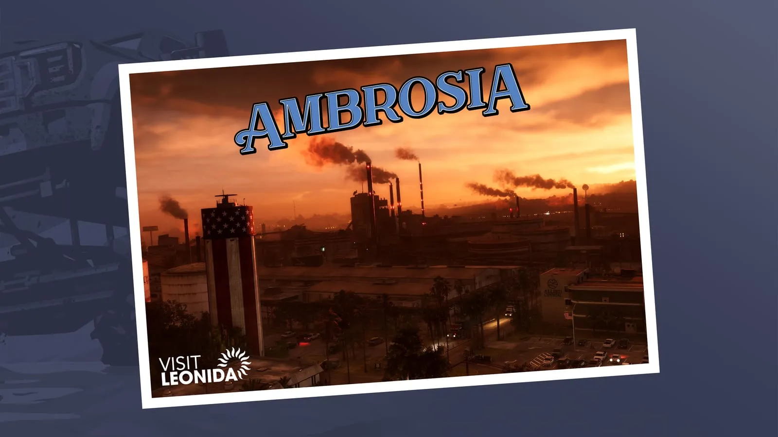 Carte postale Visit Leonida d'Ambrosia, raffinerie au crépuscule et réservoir aux couleurs américaines