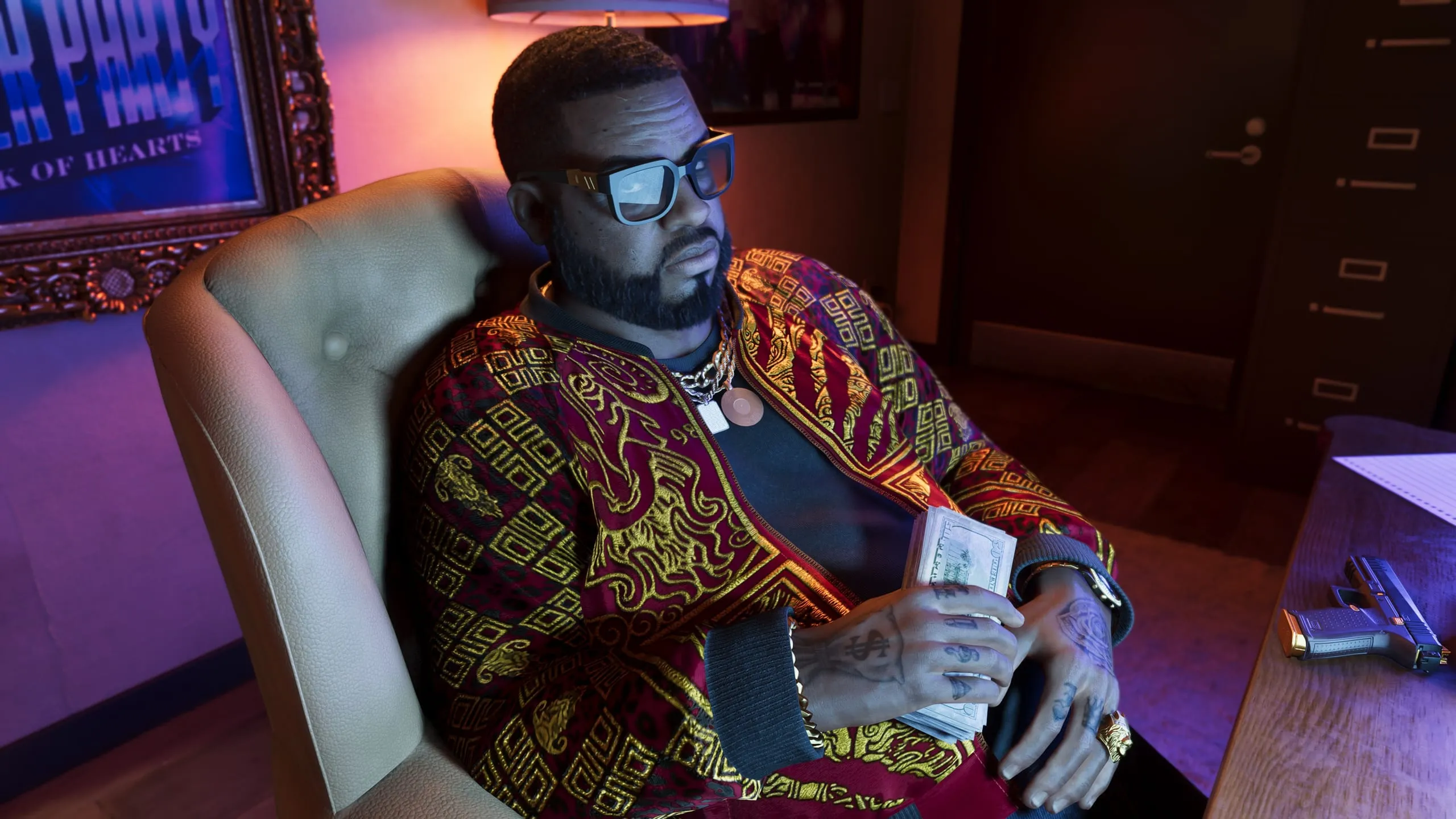 Man in an embroidered jacket counting cash in a back-office chair, pistol on the desk