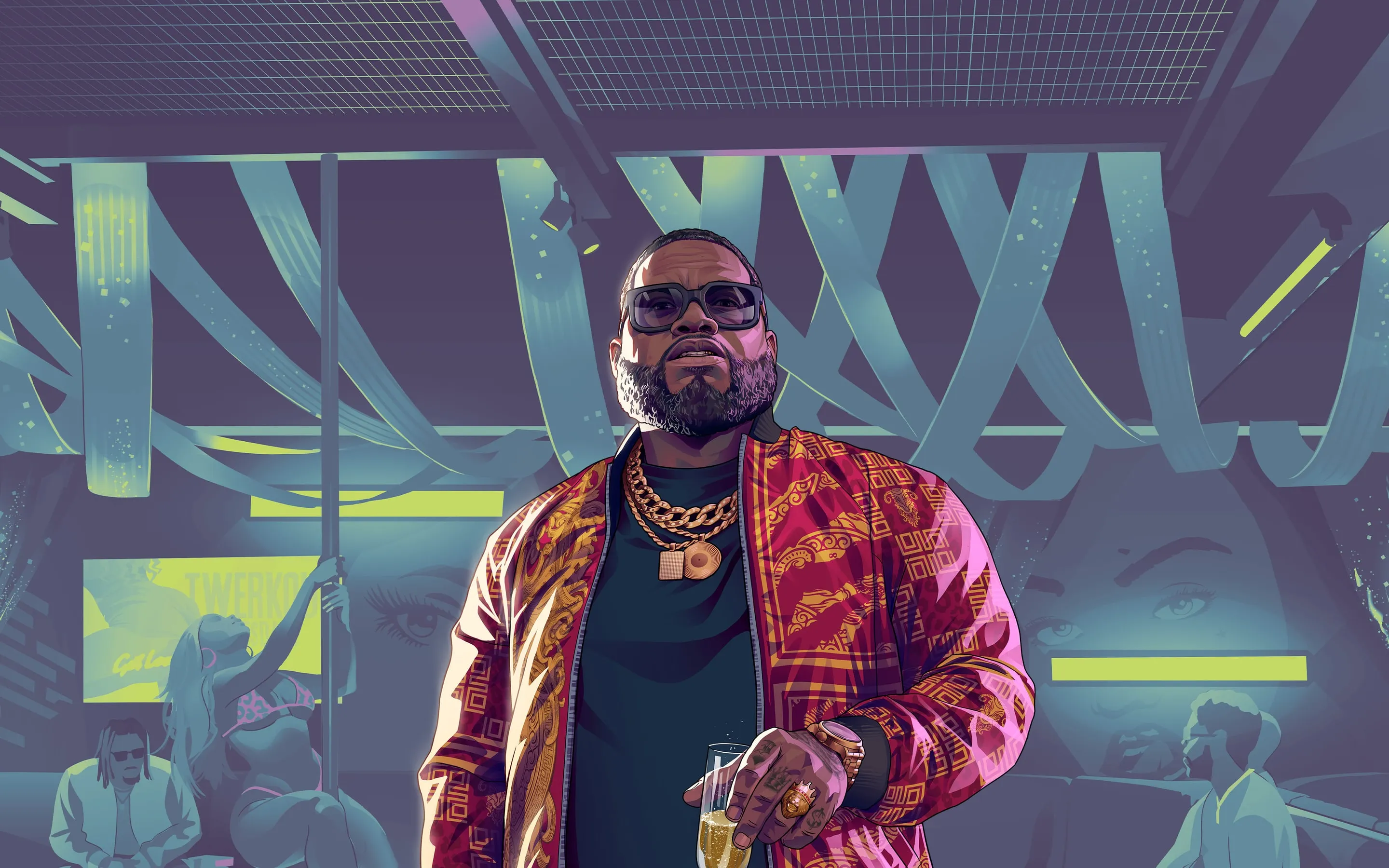 Boobie Ike in a red shirt and gold chains, a glass in hand, in a club