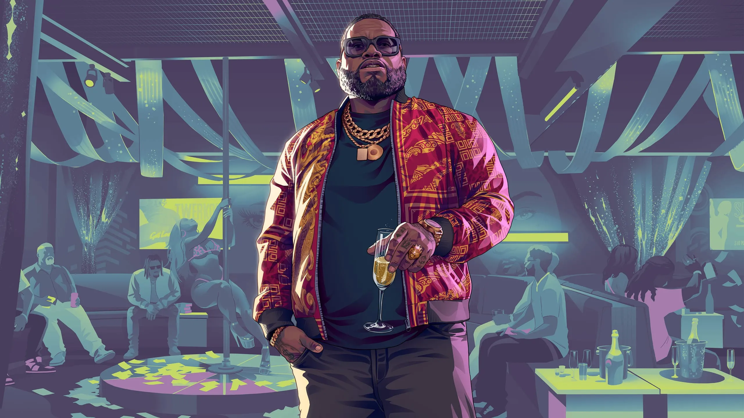 Heavyset club owner in gold chains raising a champagne flute inside a strip club