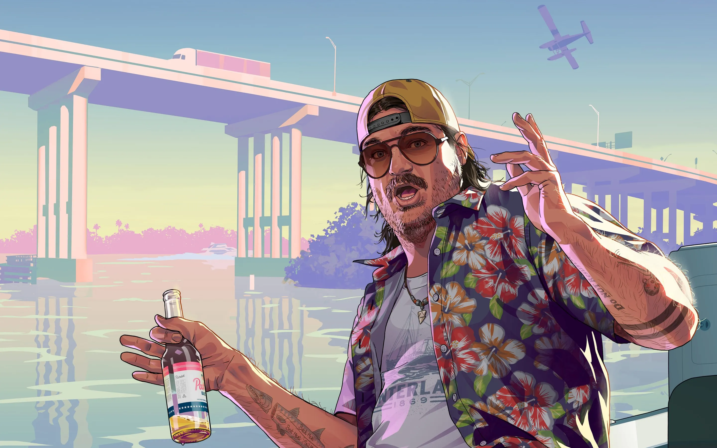 Cal Hampton in a floral shirt, a beer in hand, under a Vice City bridge