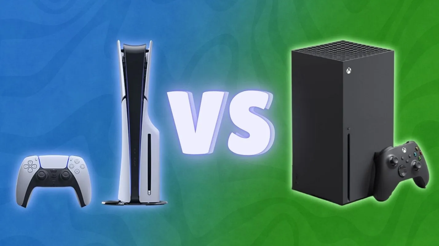 A PS5 and an Xbox Series X facing off, with their controllers