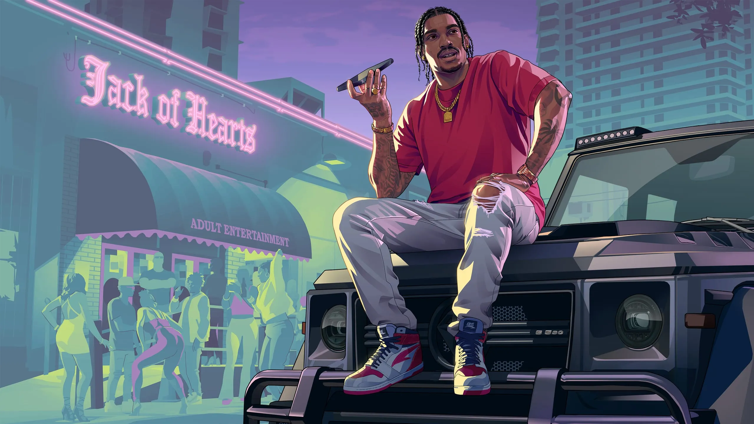 Braided man in a red tee sits on an SUV hood outside a neon strip club