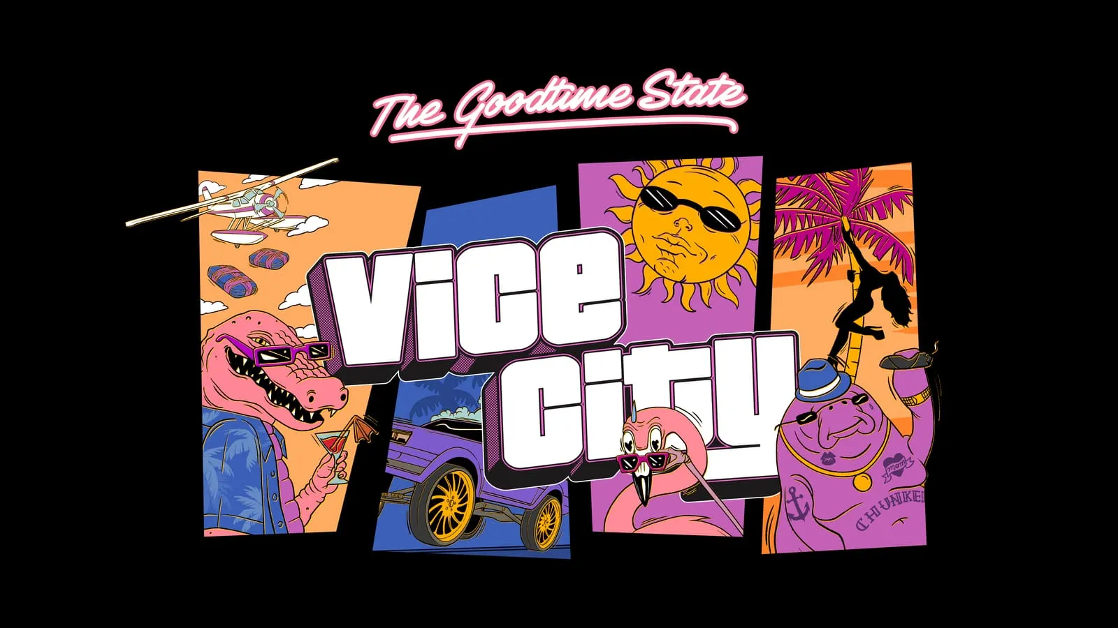 The Goodtime State artwork, the Vice City logo surrounded by a gator, a flamingo and a manatee
