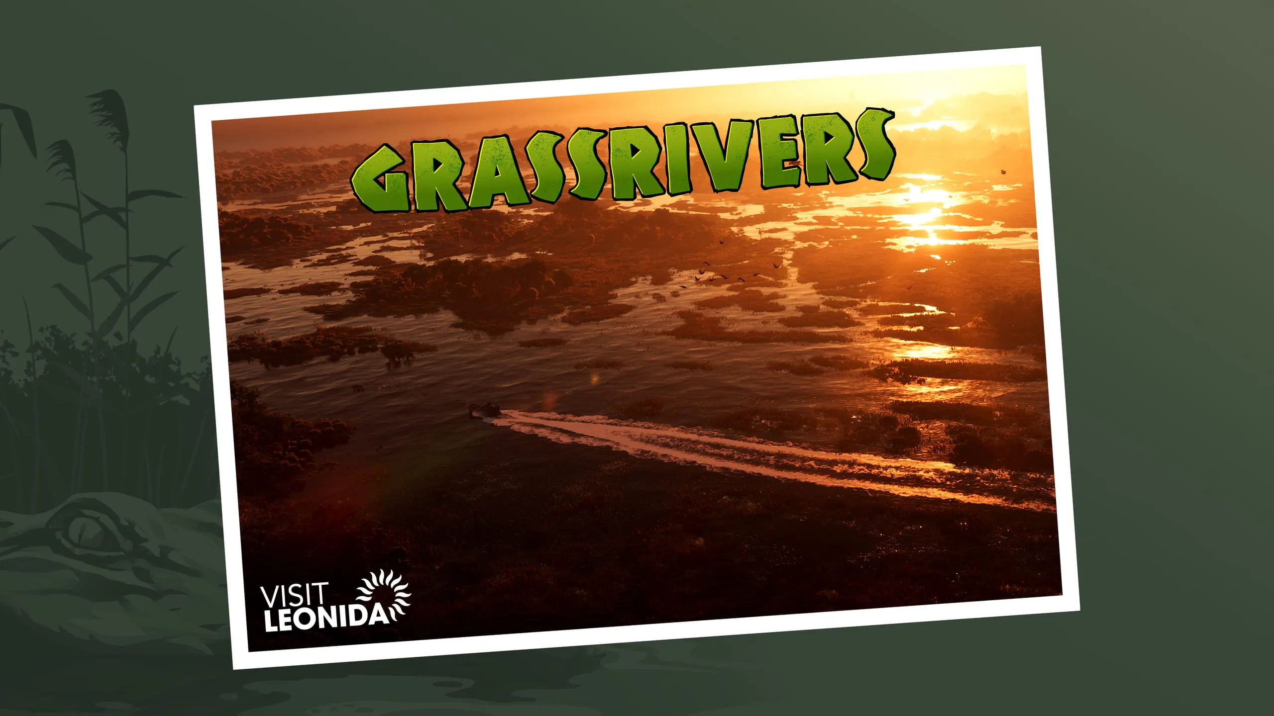 Grassrivers postcard on a dark green ground, sunset wetlands with an airboat cutting a long wake