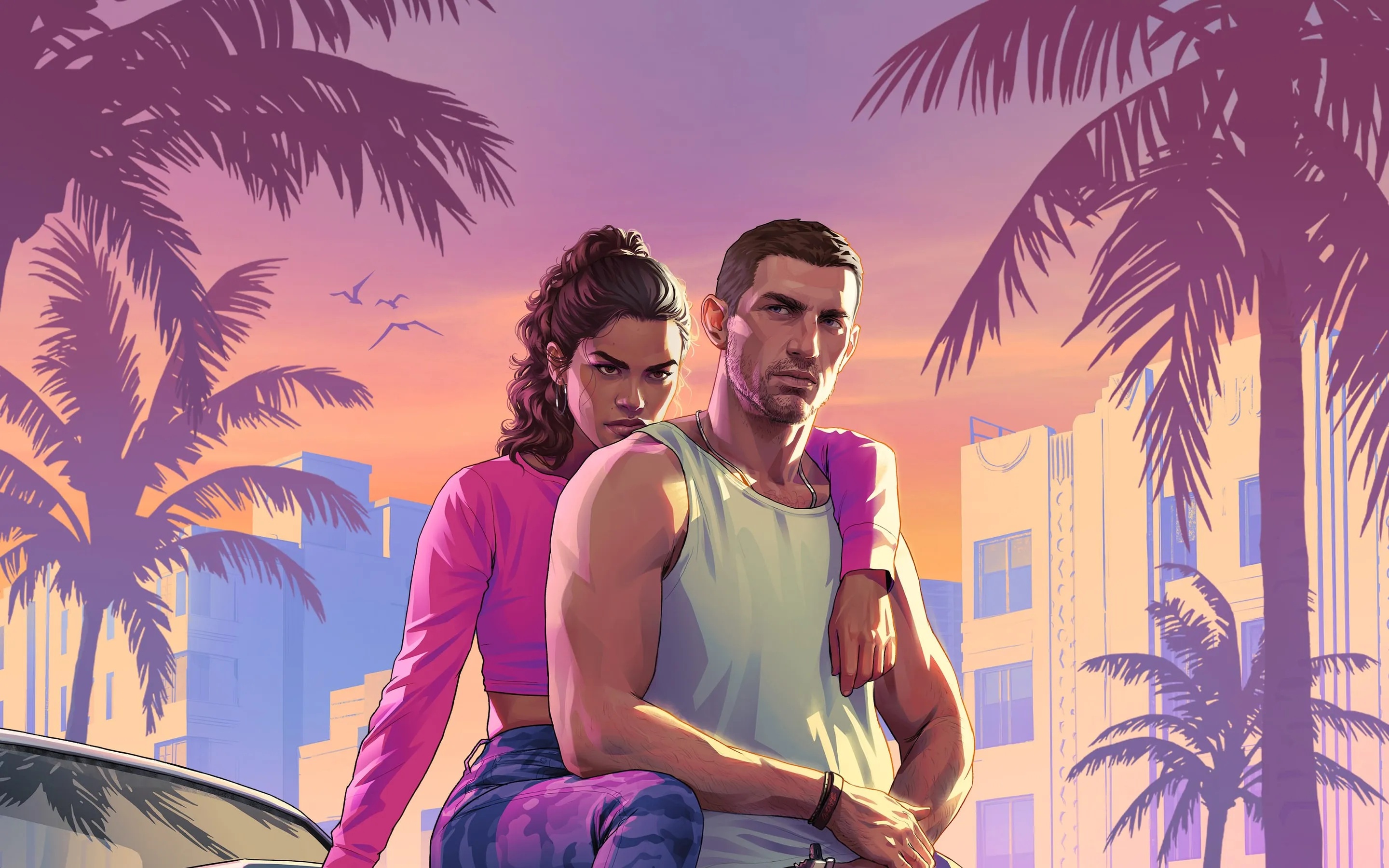Jason and Lucia on the hood of a car, in front of the palm trees and Art Deco hotels of Vice City