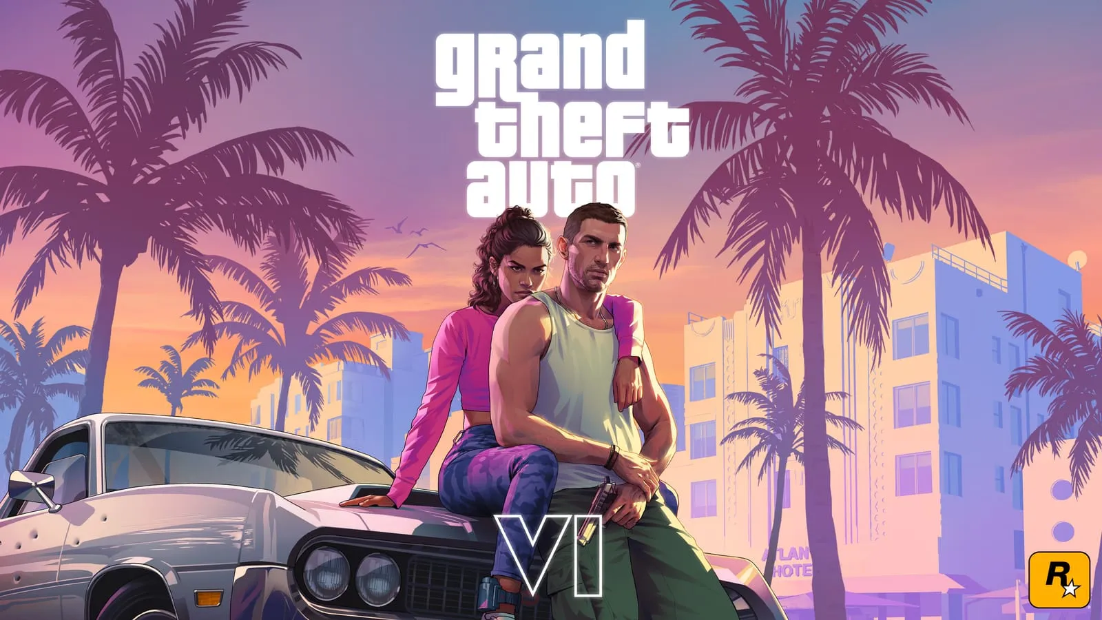 Key art officielle du duo devant des palmiers, surmontée du logo Grand Theft Auto VI