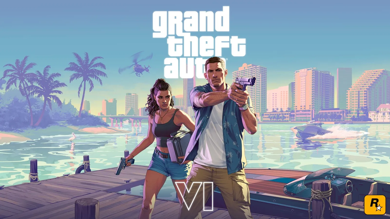 Visuel officiel GTA 6 sur un ponton, duo armé, vedette de police et skyline en arrière-plan