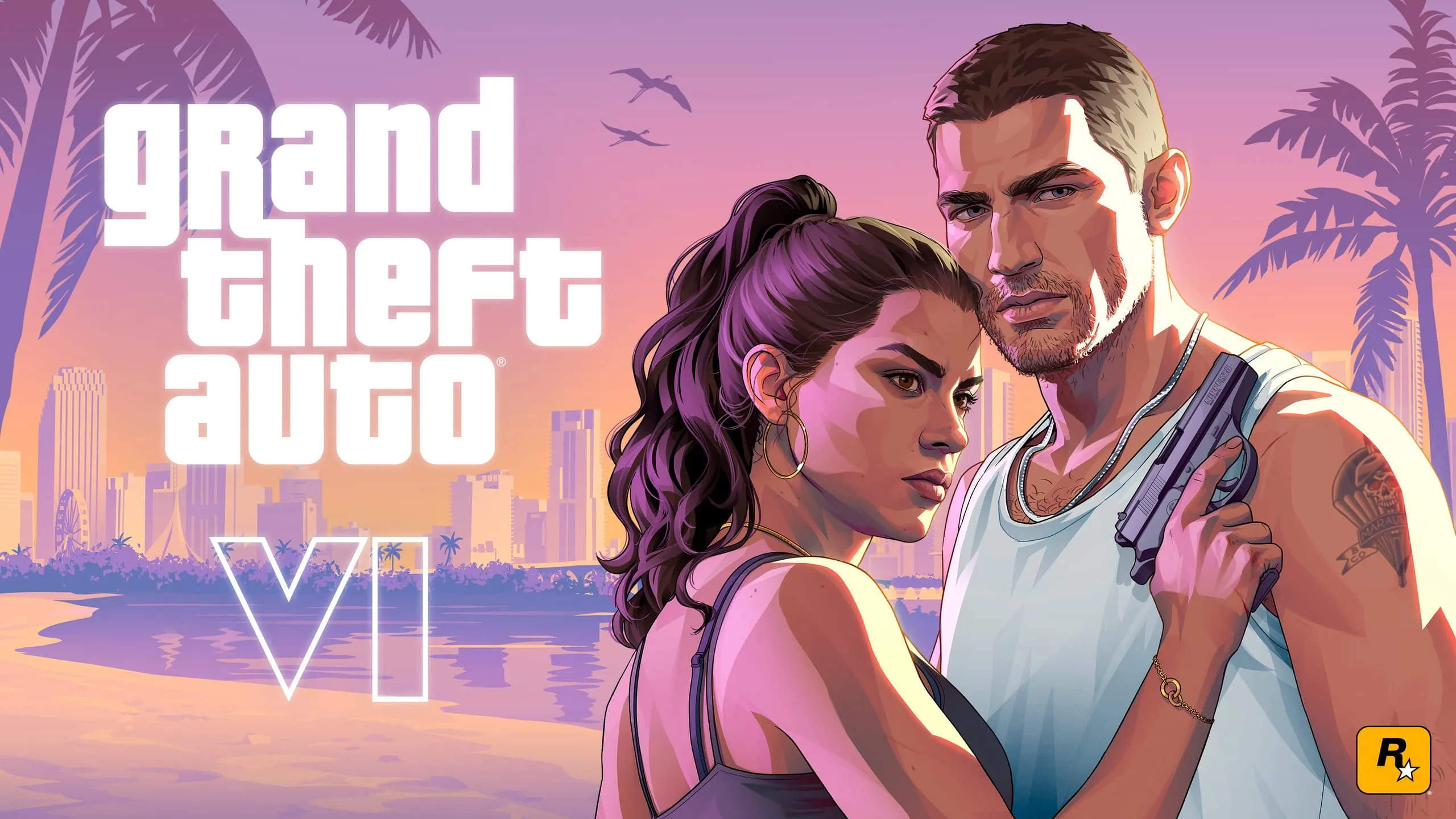 GTA 6 key art of the couple on the beach, logo set across the dusk sky