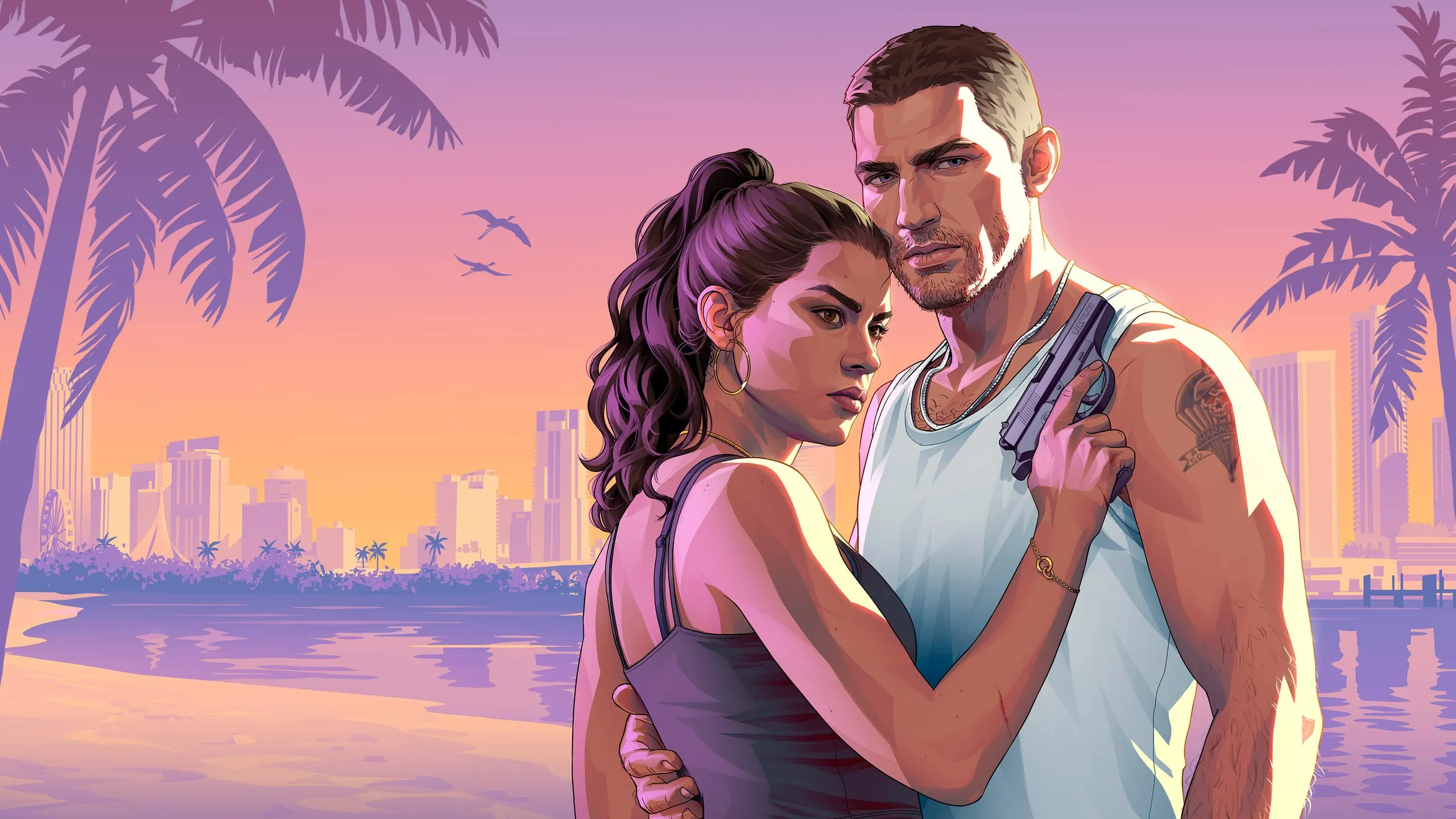 Couple embracing on a beach at dusk, a pistol resting against his shoulder