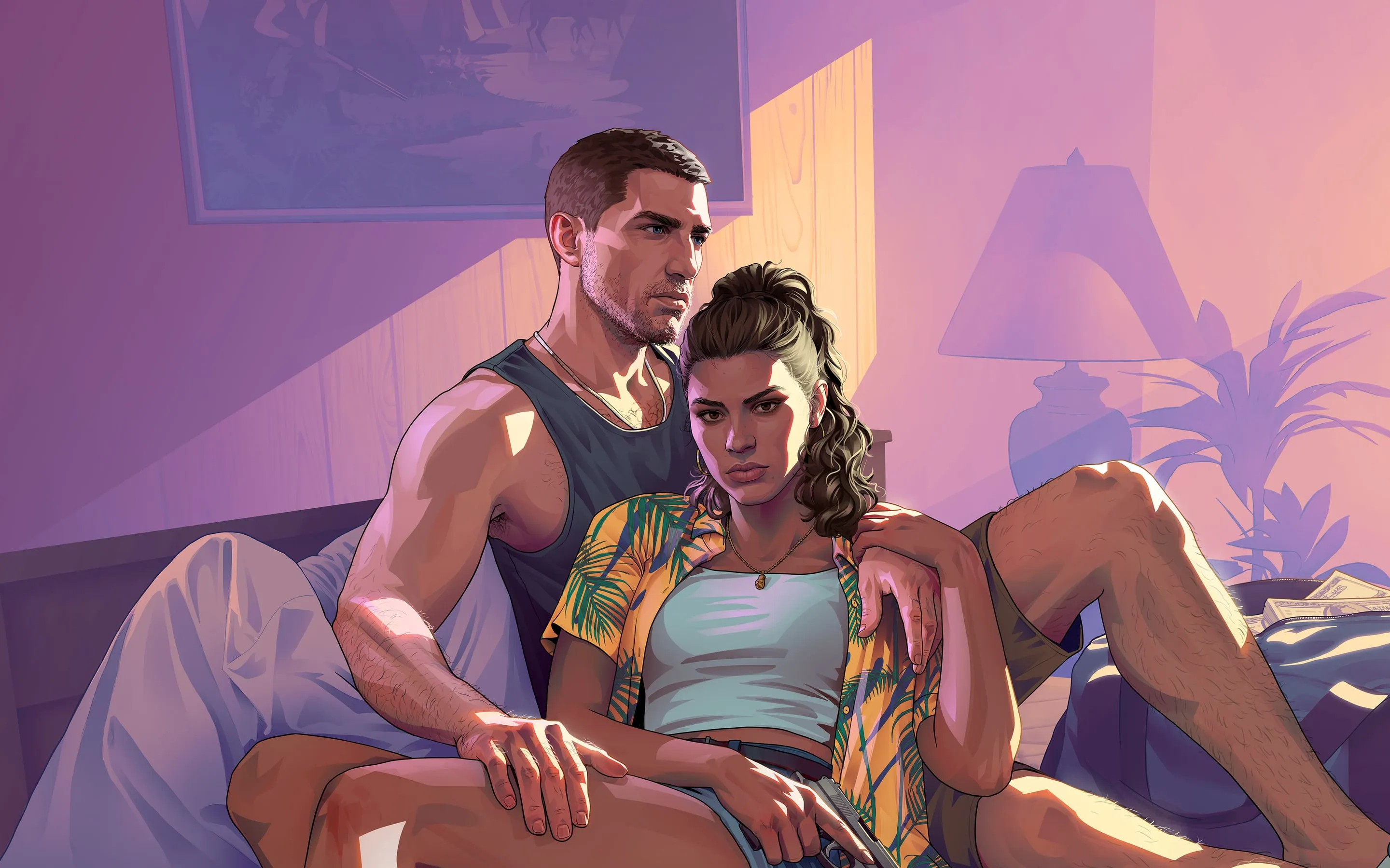 Jason and Lucia sitting on the bed of a motel room