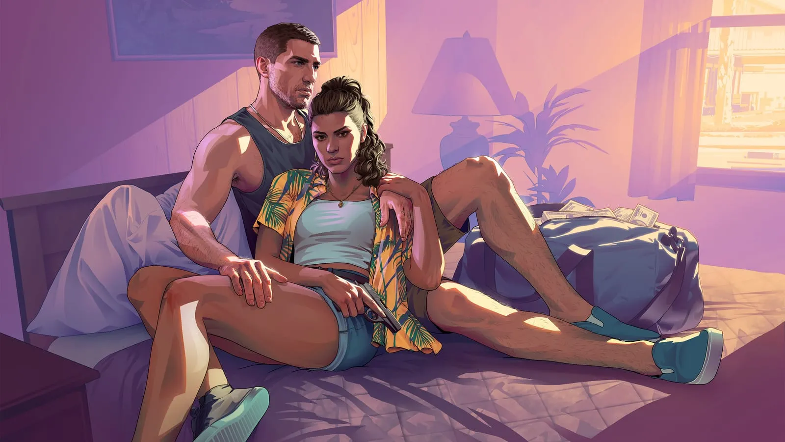 Couple assis sur un lit de motel, pistolet sur la cuisse et sac de sport rempli de billets