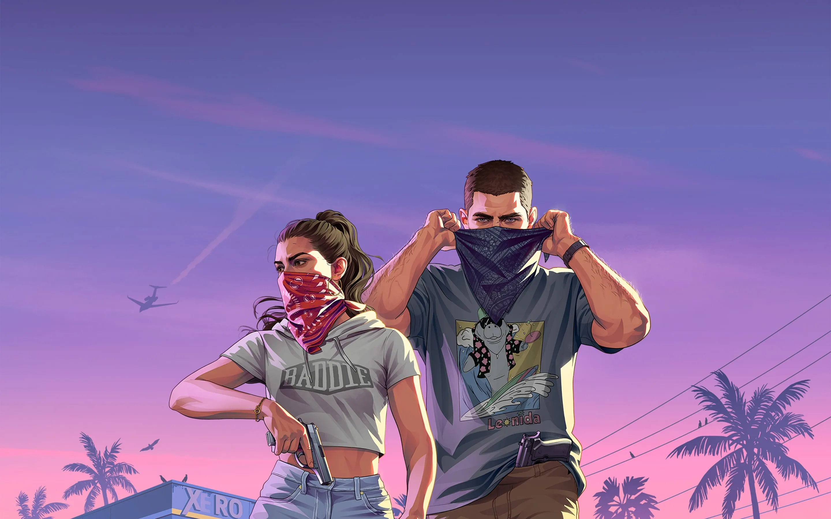 Jason and Lucia pulling bandanas over their faces, in front of a gas station at sunset