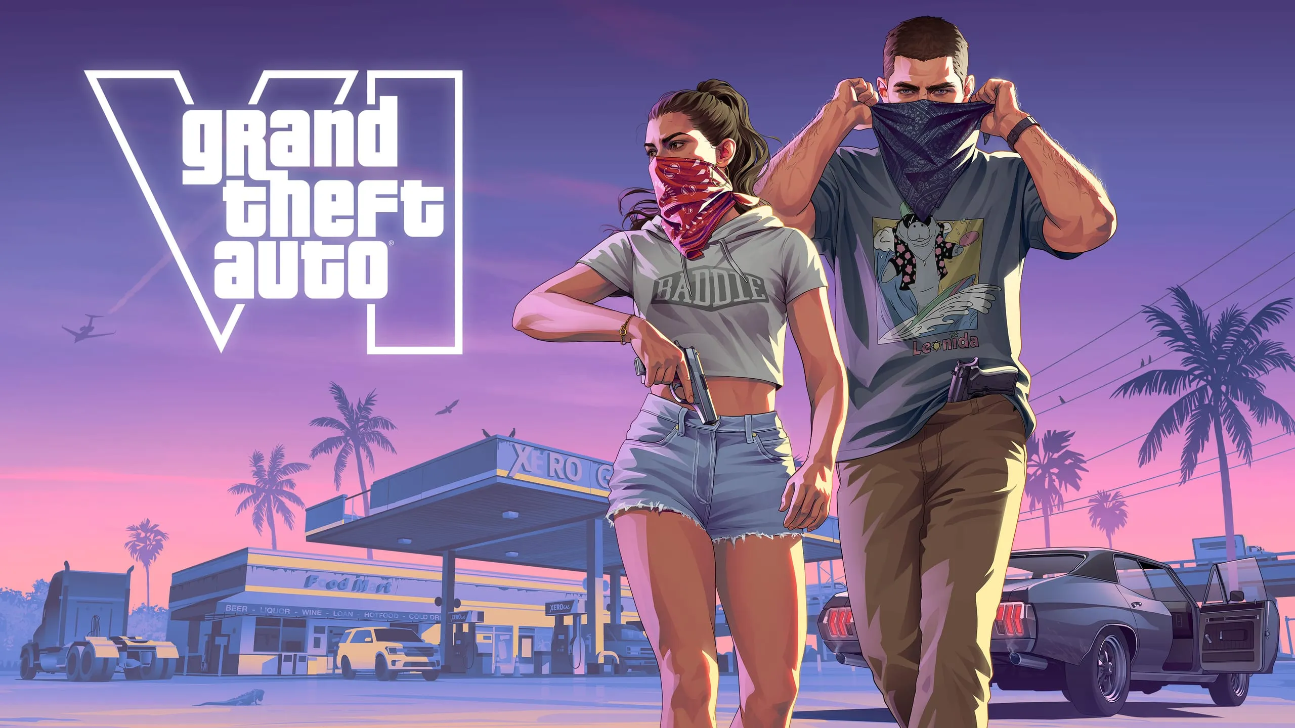 Official GTA 6 artwork of two masked robbers leaving a gas station, logo top left