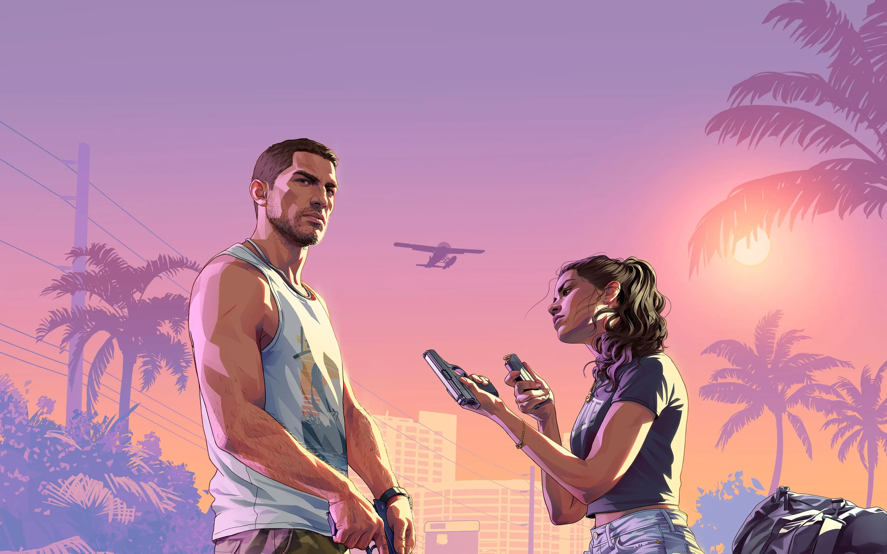 Jason holding a gun and Lucia holding a gun and a phone, under the palm trees at sunset