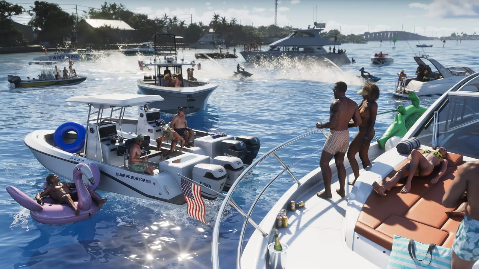 Fête de bateaux aux Keys, bouées gonflables et yachts serrés sur une eau turquoise ensoleillée