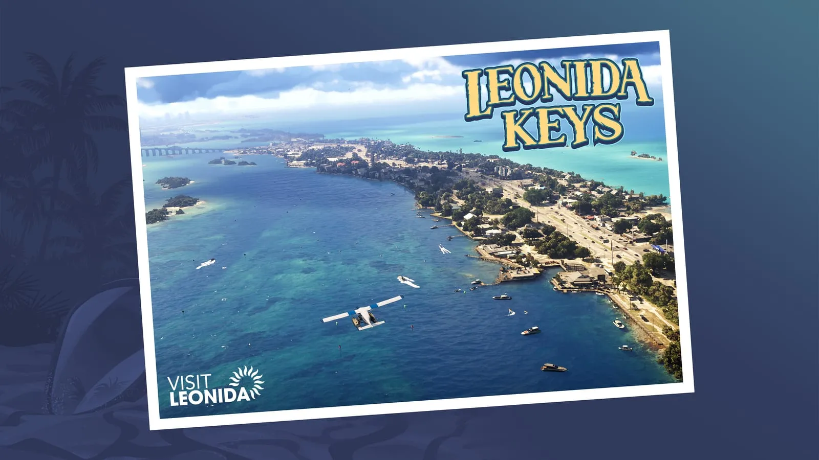 Carte postale Visit Leonida des Keys, vue aérienne d’une île et d’un hydravion posé