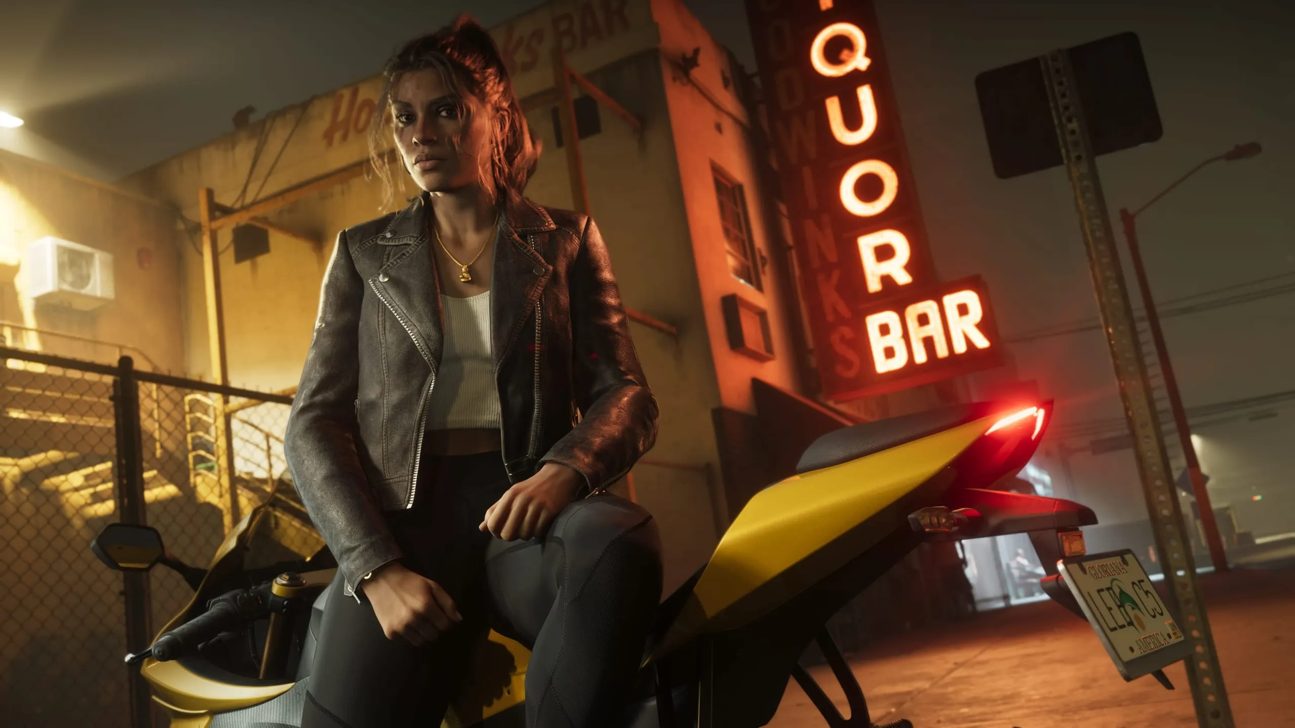 Young woman in a leather jacket on a yellow motorcycle outside a neon liquor bar at night