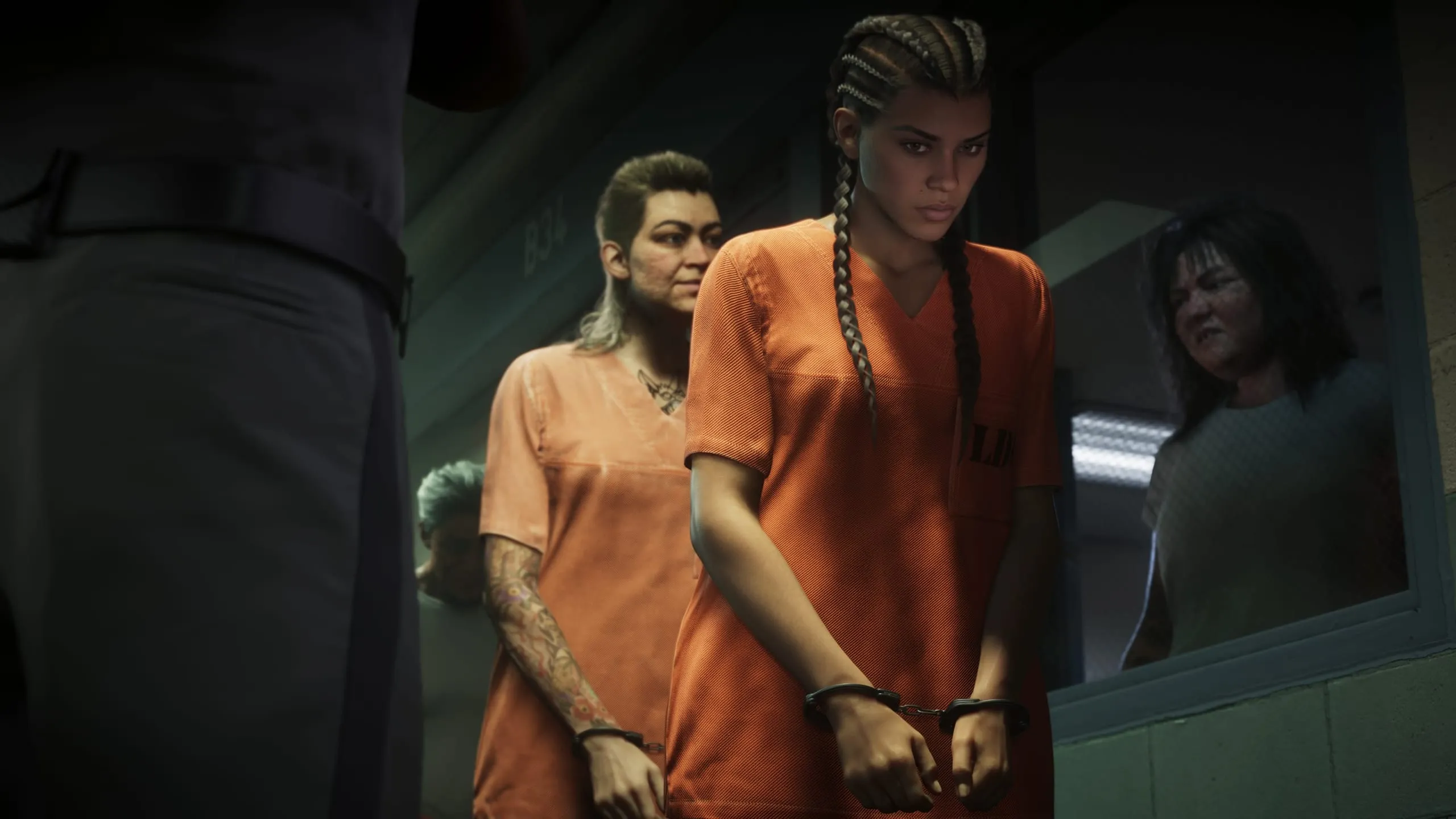 Young woman in an orange jumpsuit, handcuffed, walking a prison corridor past a guard