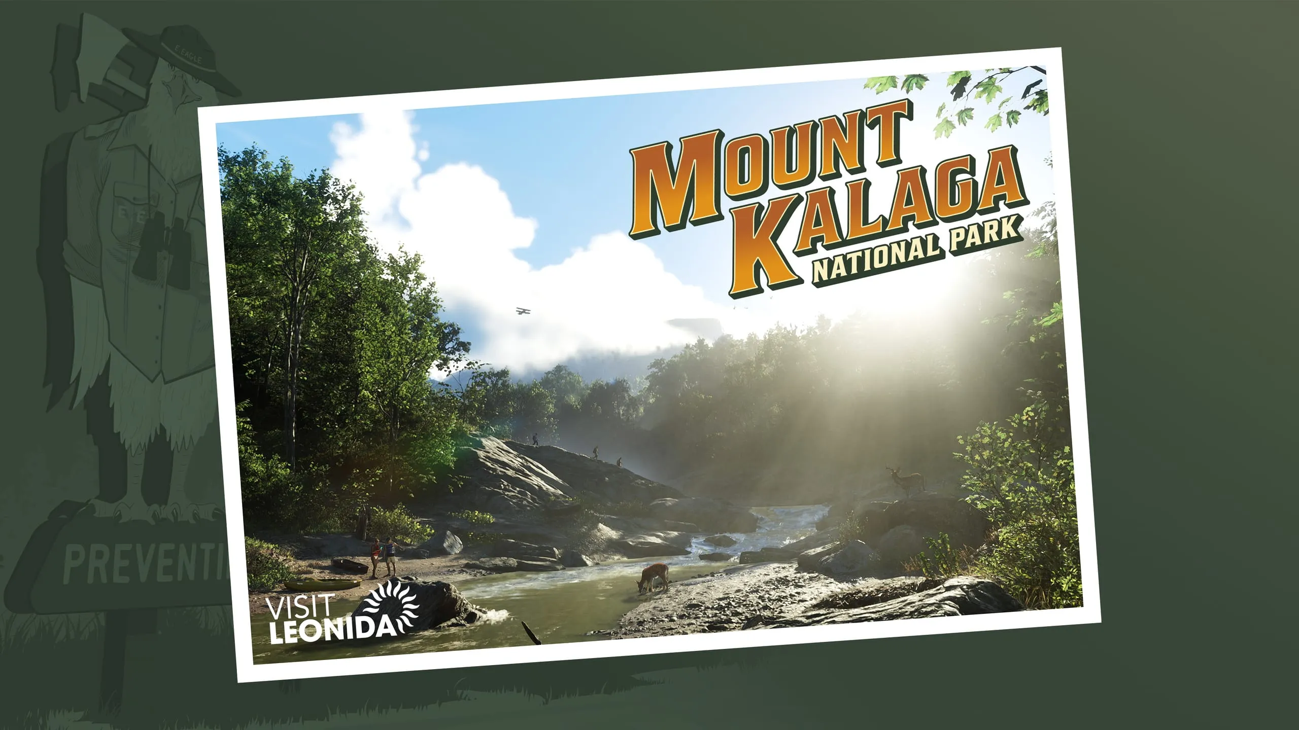Mount Kalaga National Park postcard showing a sunlit rocky river, hikers and a Visit Leonida logo