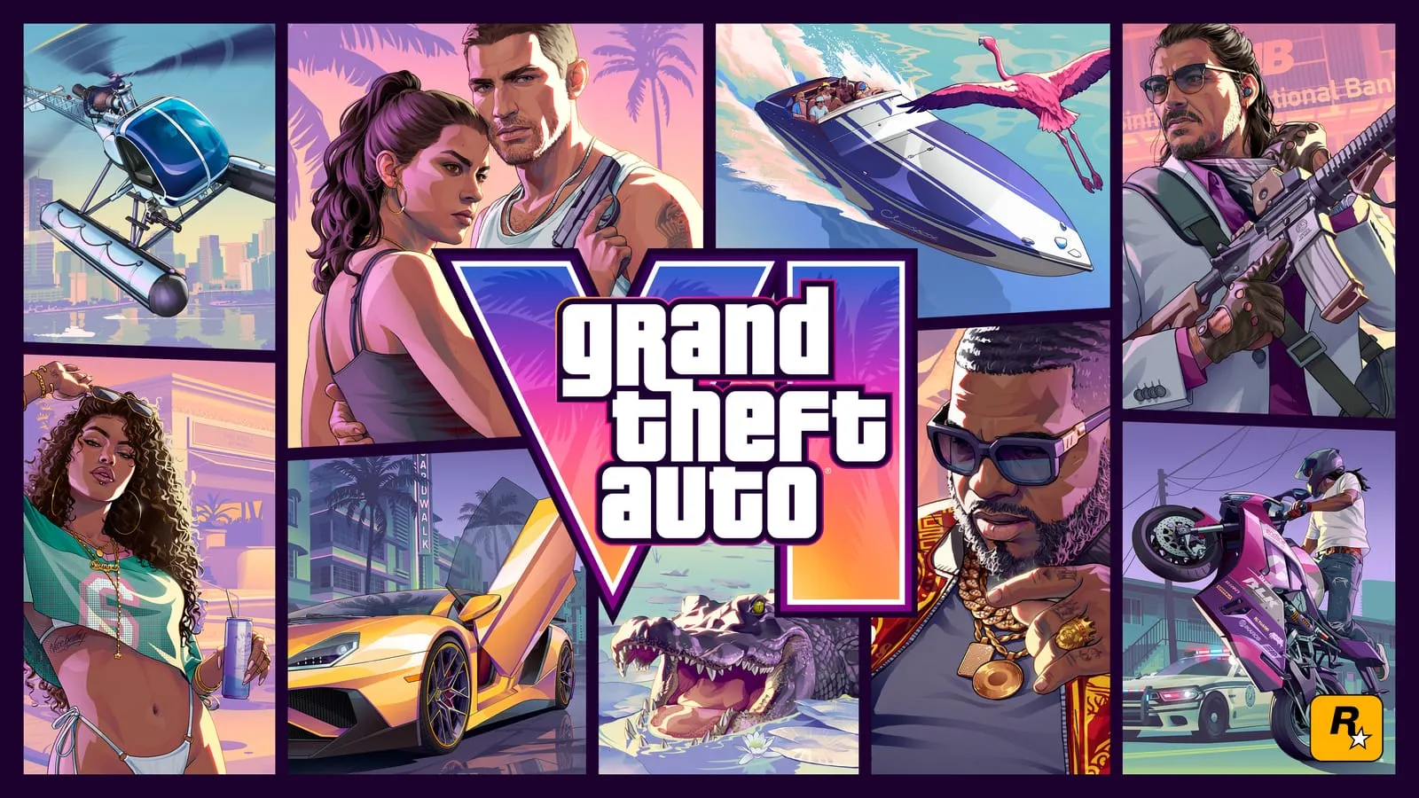 Jaquette officielle de GTA 6 en mosaïque : duo, supercar, hors-bord, alligator et logo central