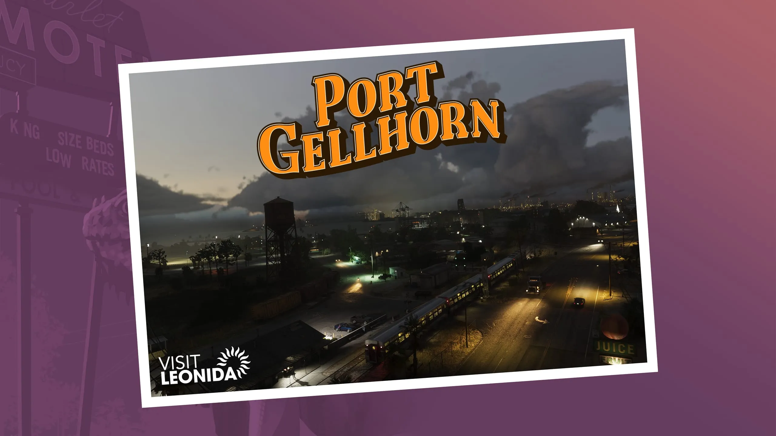 Port Gellhorn postcard on a purple ground, dusk aerial view with a lit commuter train and water tower
