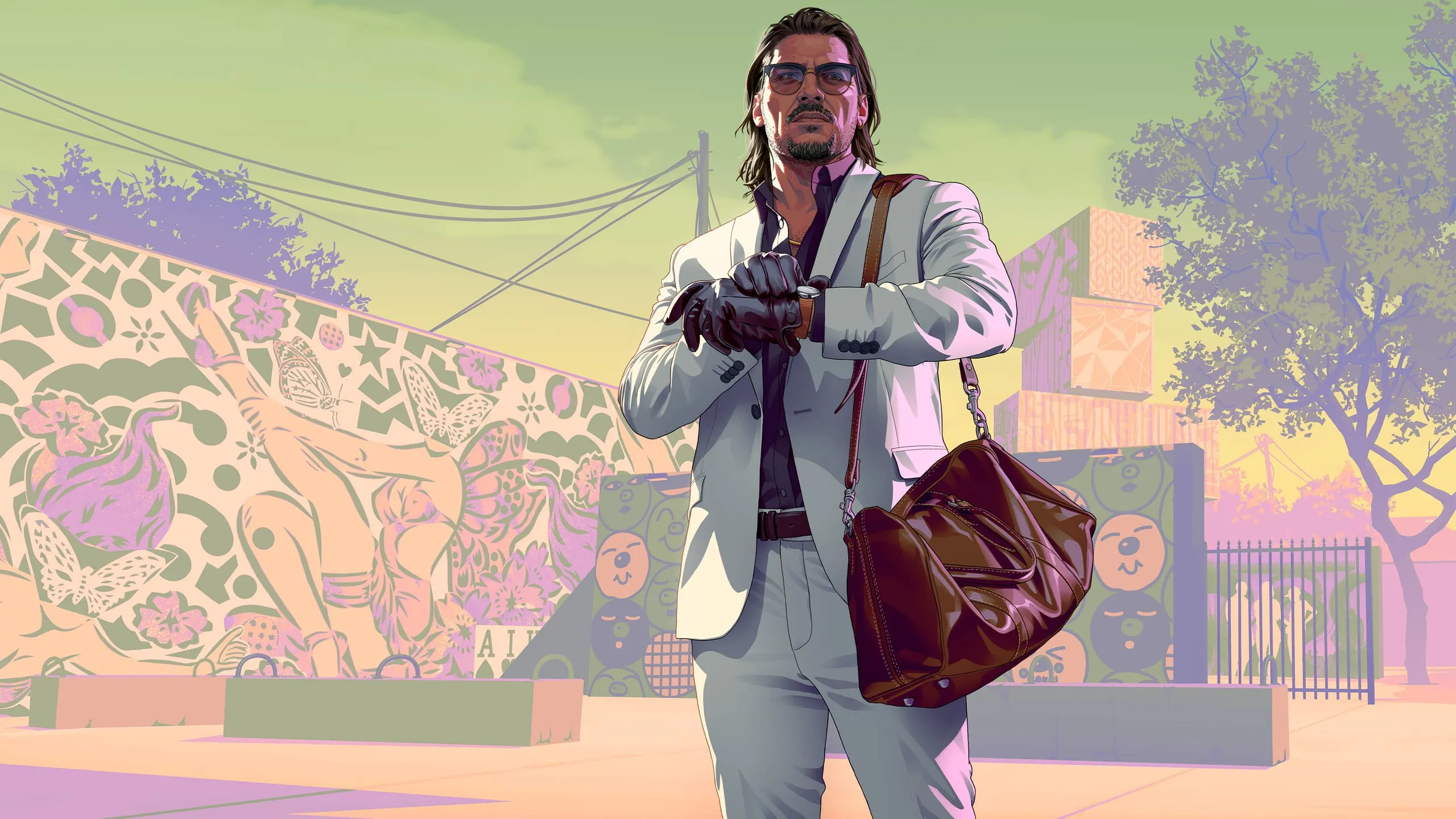 Man in a pale suit and leather gloves checks his watch, duffel bag on his shoulder