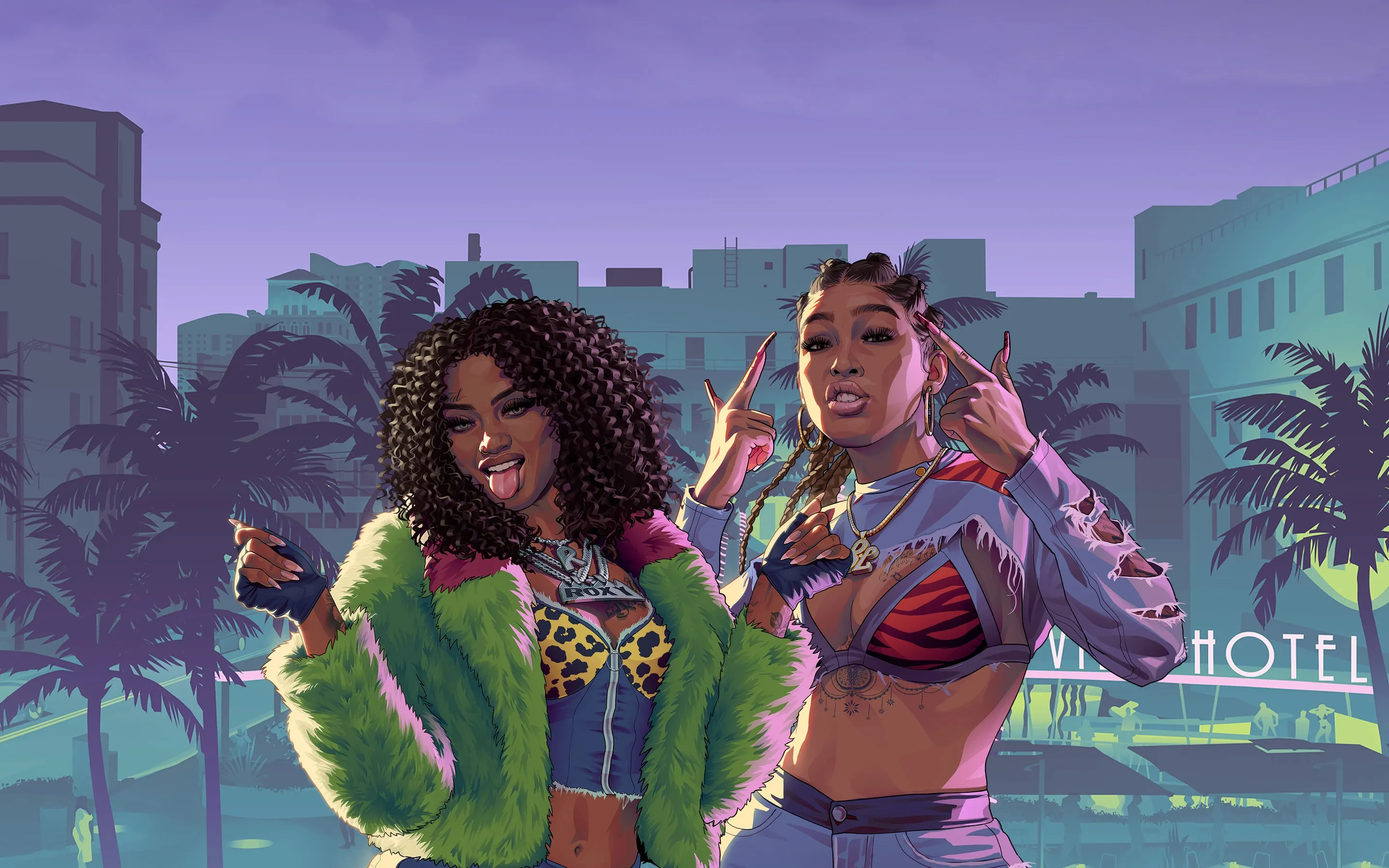 Bae-Luxe and Roxy, the rap duo Real Dimez, in front of an Art Deco hotel