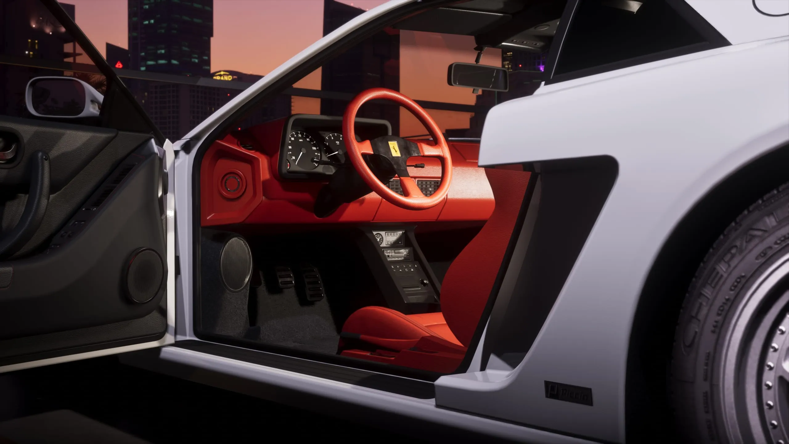 Red leather cockpit of a sports car with the door open, city skyline glowing at dusk behind