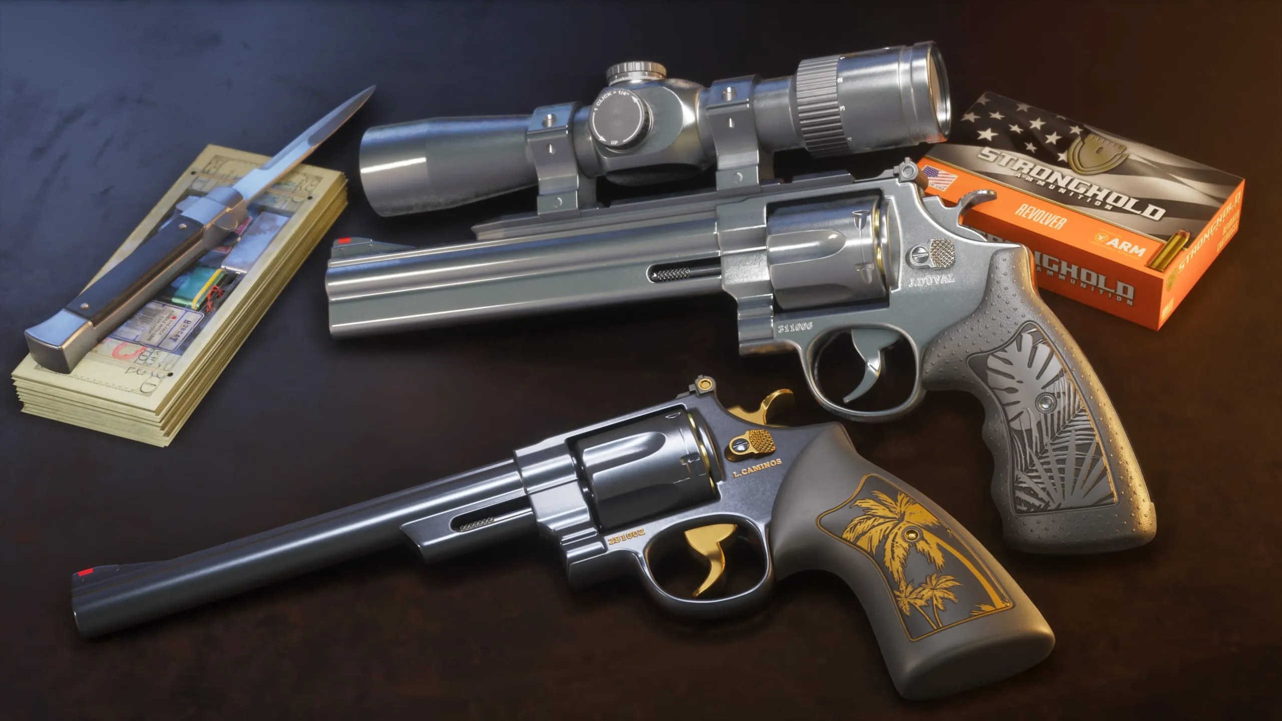 Two long-barrel revolvers with engraved grips laid beside a cash stack and an ammo box