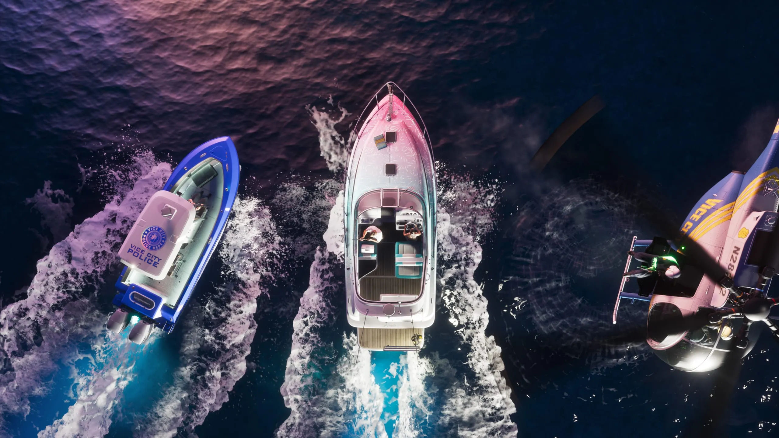Overhead night shot of a sea chase: police boat, speedboat and police helicopter running together