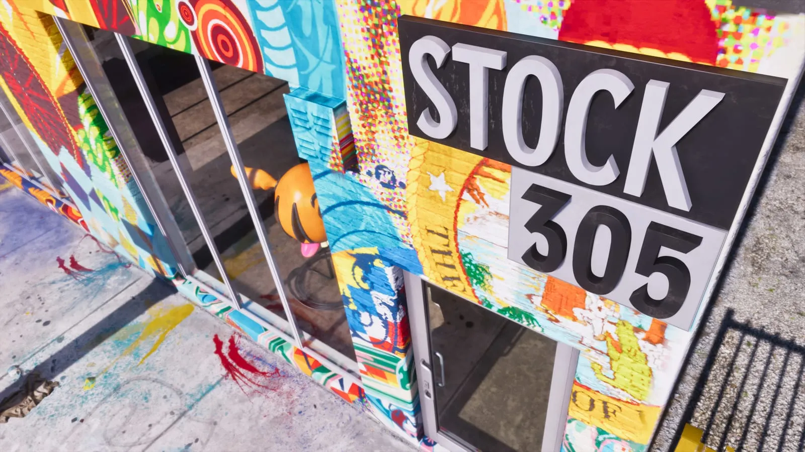 Devanture entièrement peinte d'une boutique avec l'enseigne en relief Stock 305 sur fond noir