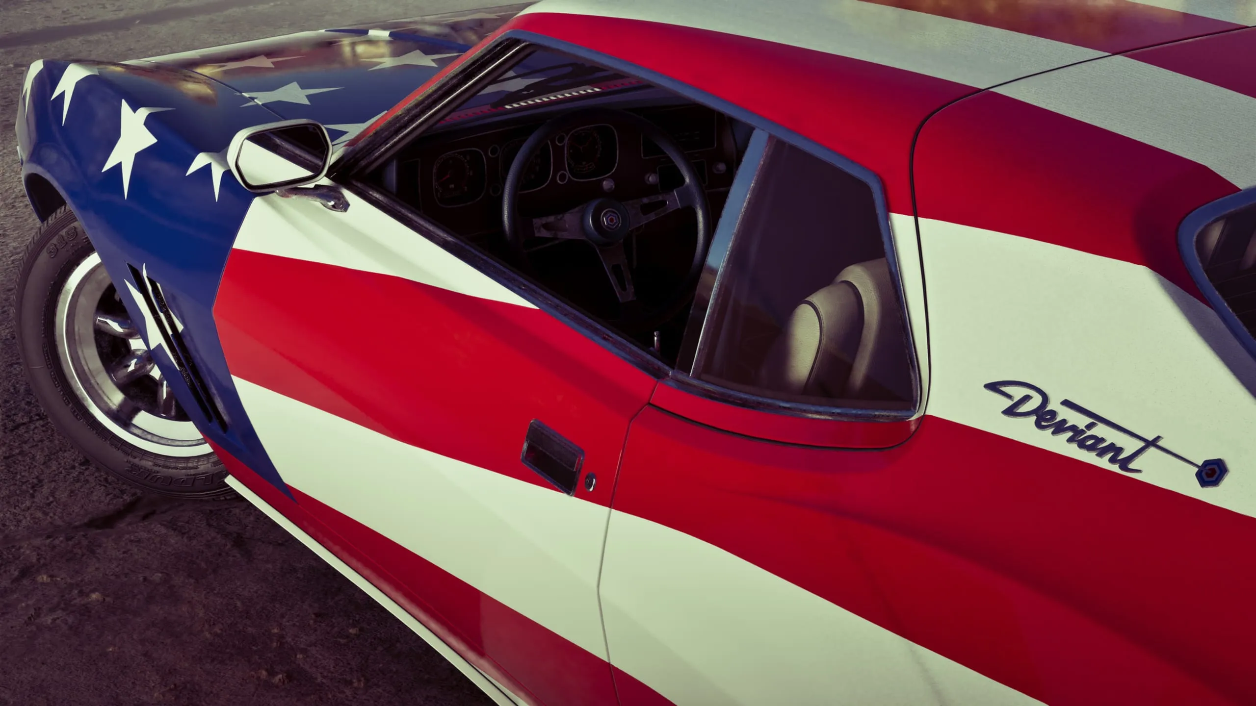 Coupe painted in stars and stripes, cursive Deviant badge behind the side window