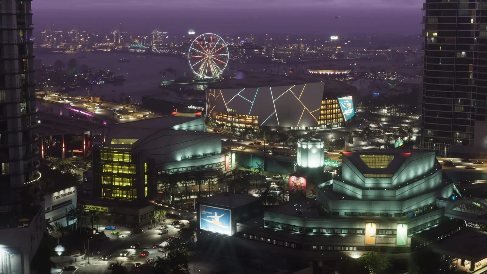 Centre-ville nocturne sous un ciel violet, grande roue, arena illuminée et port au loin