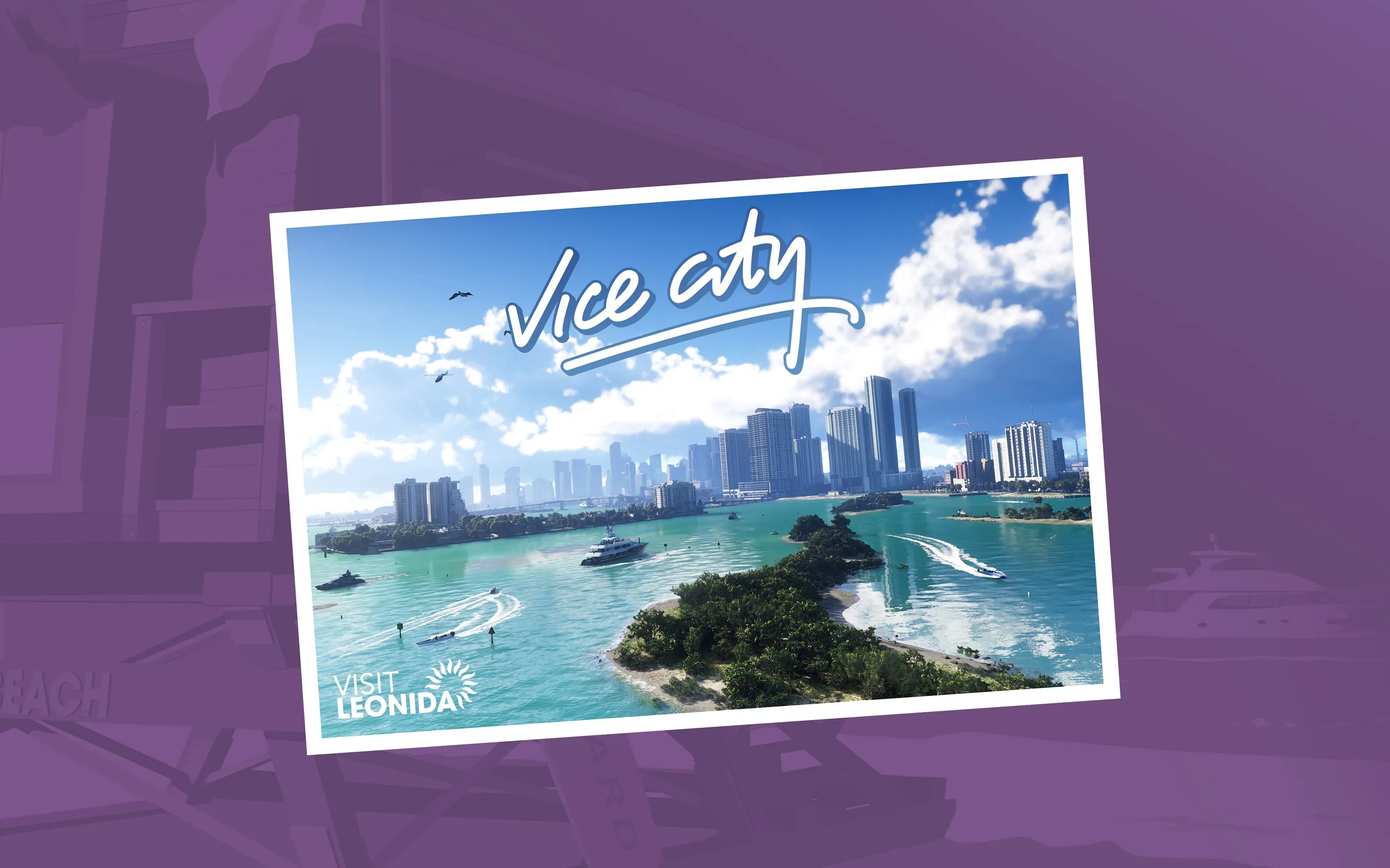 The “Visit Leonida” postcard of Vice City: the bay and the towers seen from the sky