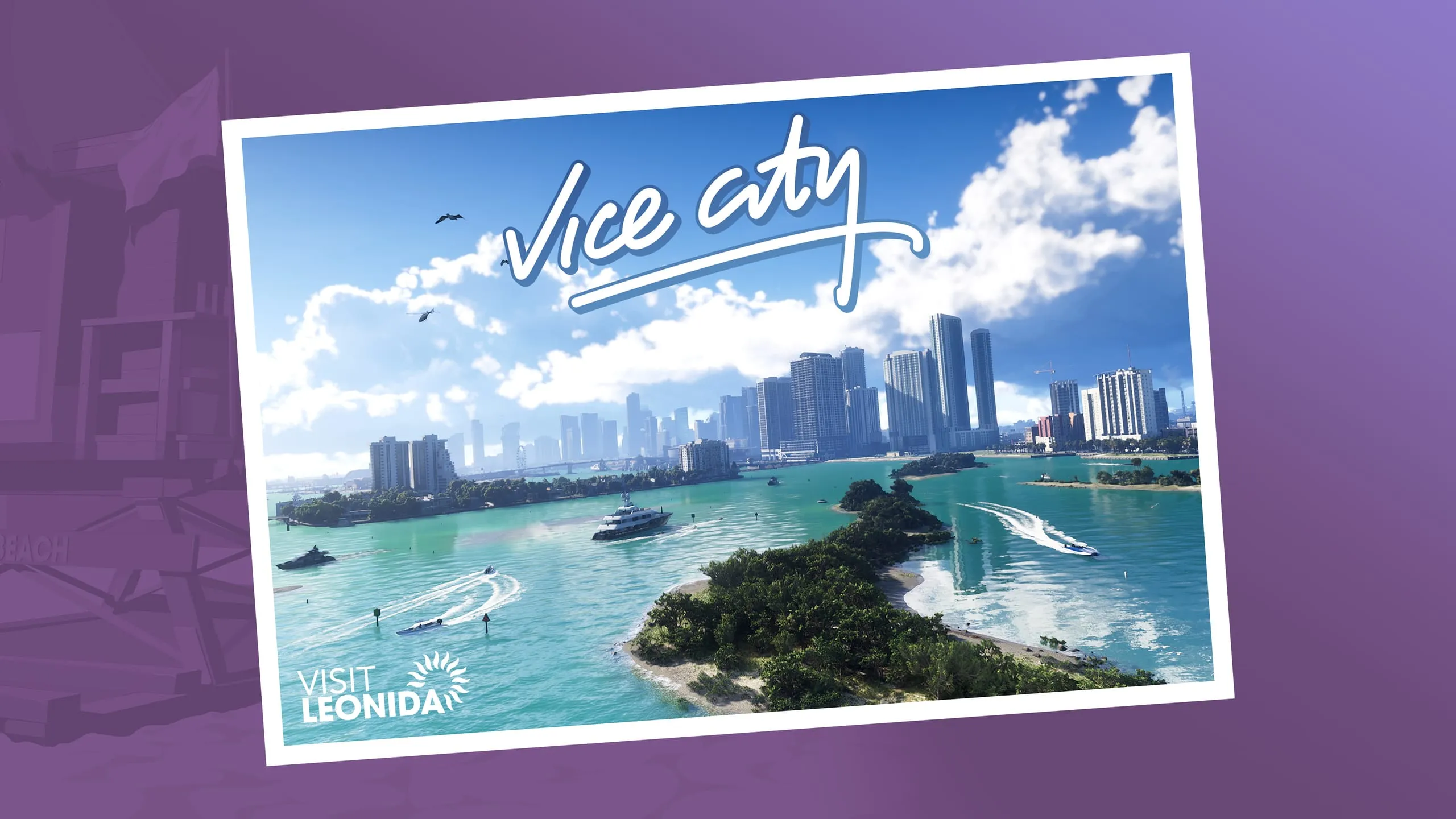 Vice City postcard on purple, turquoise bay with a yacht, skyline and a Visit Leonida logo