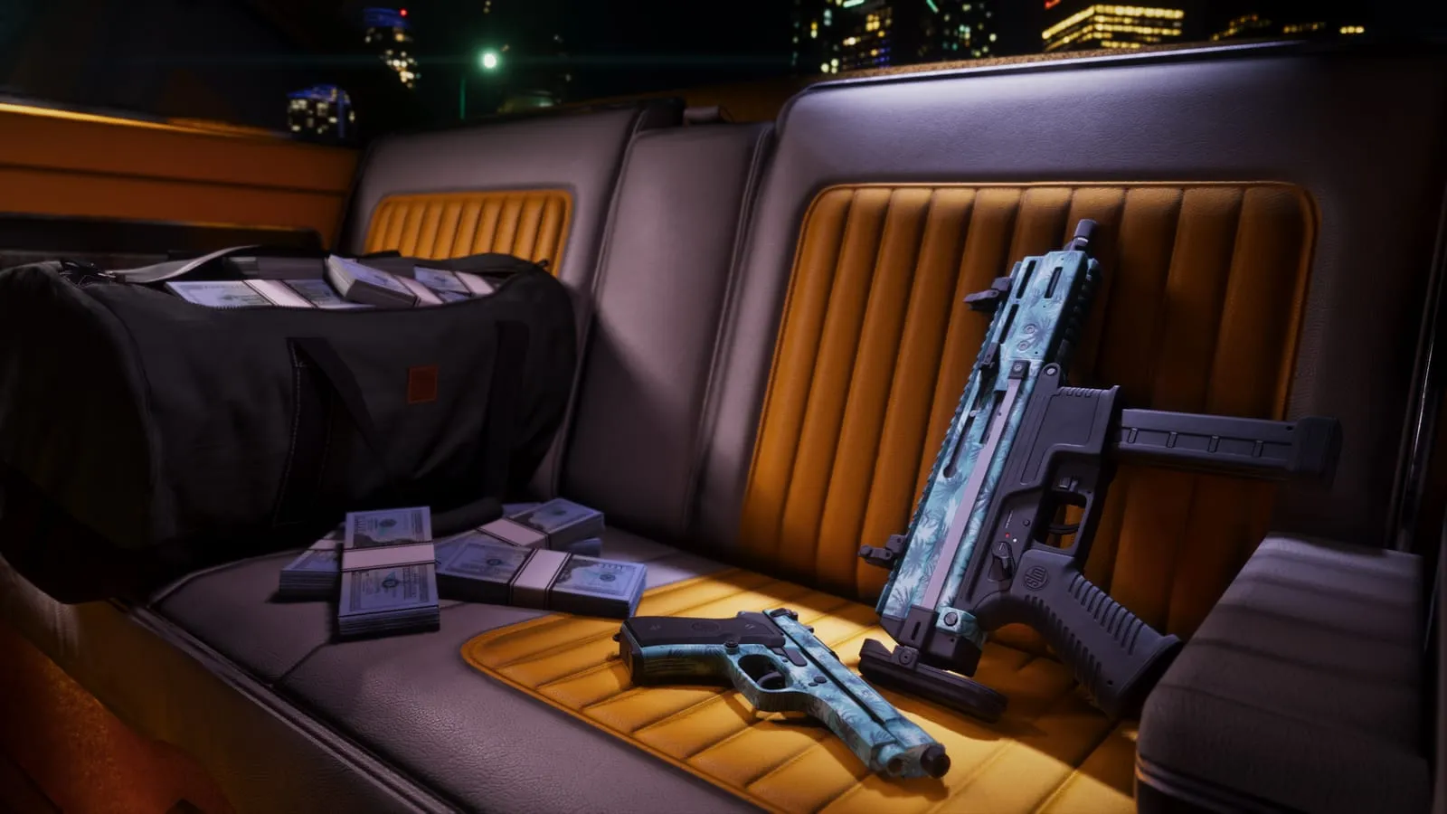 Armes à motif turquoise et liasses de billets posées sur la banquette arrière d’une voiture